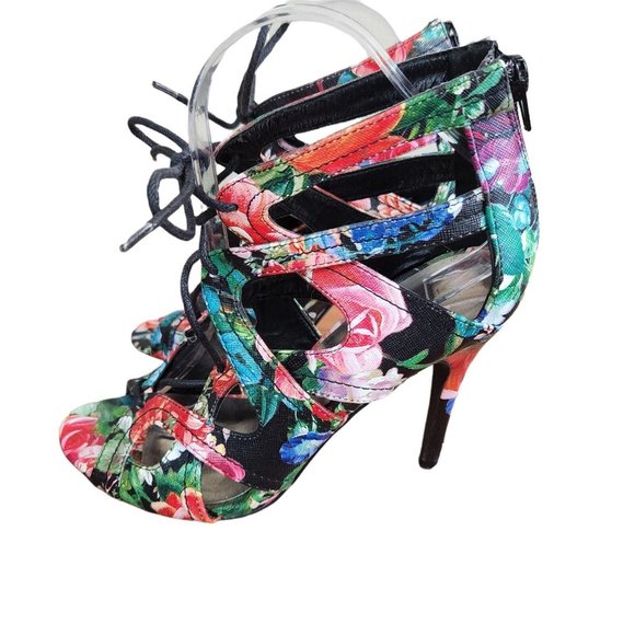 Madden Girl Floral Lace-Up Open-Toe High Heels With Back Zipper & Cutout Design - Picture 7 of 10